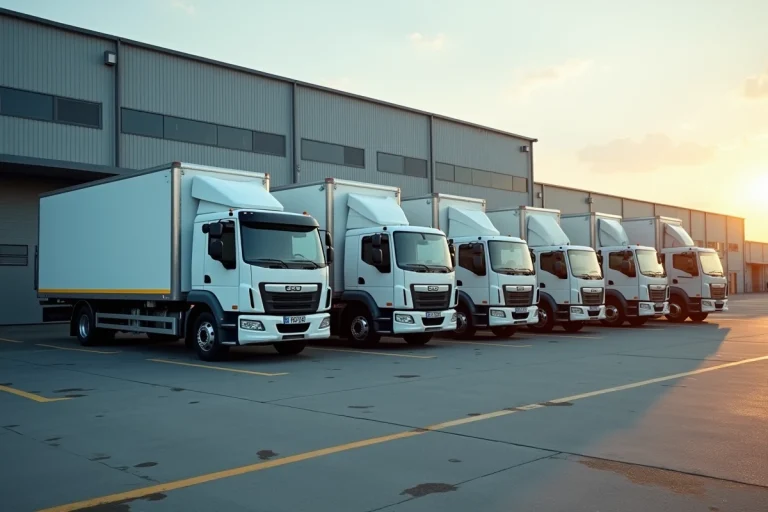 Rangée de grands utilitaires commerciaux garés devant un entrepôt logistique, illustrant le thème des fourgons les plus larges du marché