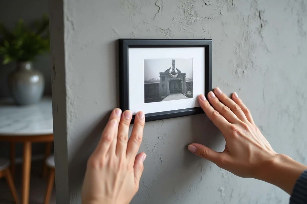 Gros plan de mains pressant un cadre photo sur un mur crépi gris avec un adhésif sans perçage