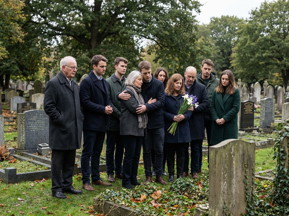 Groupe divers de personnes dans un cimetière en pleine réflexion