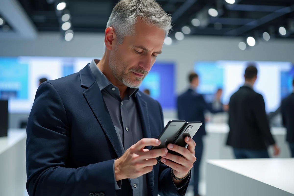 Homme d'affaires examinant un smartphone pliable lors d'un salon d'innovation technologique en 2024