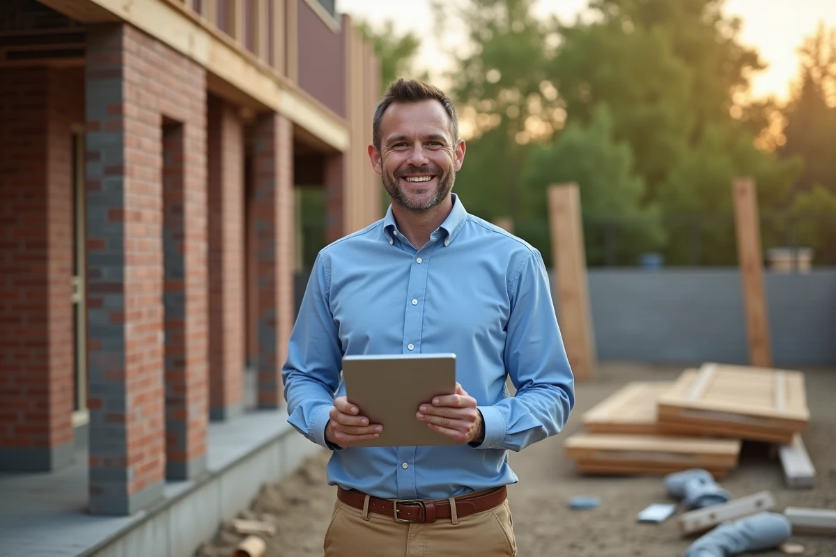 Homme enthousiaste sur un chantier de construction de maison