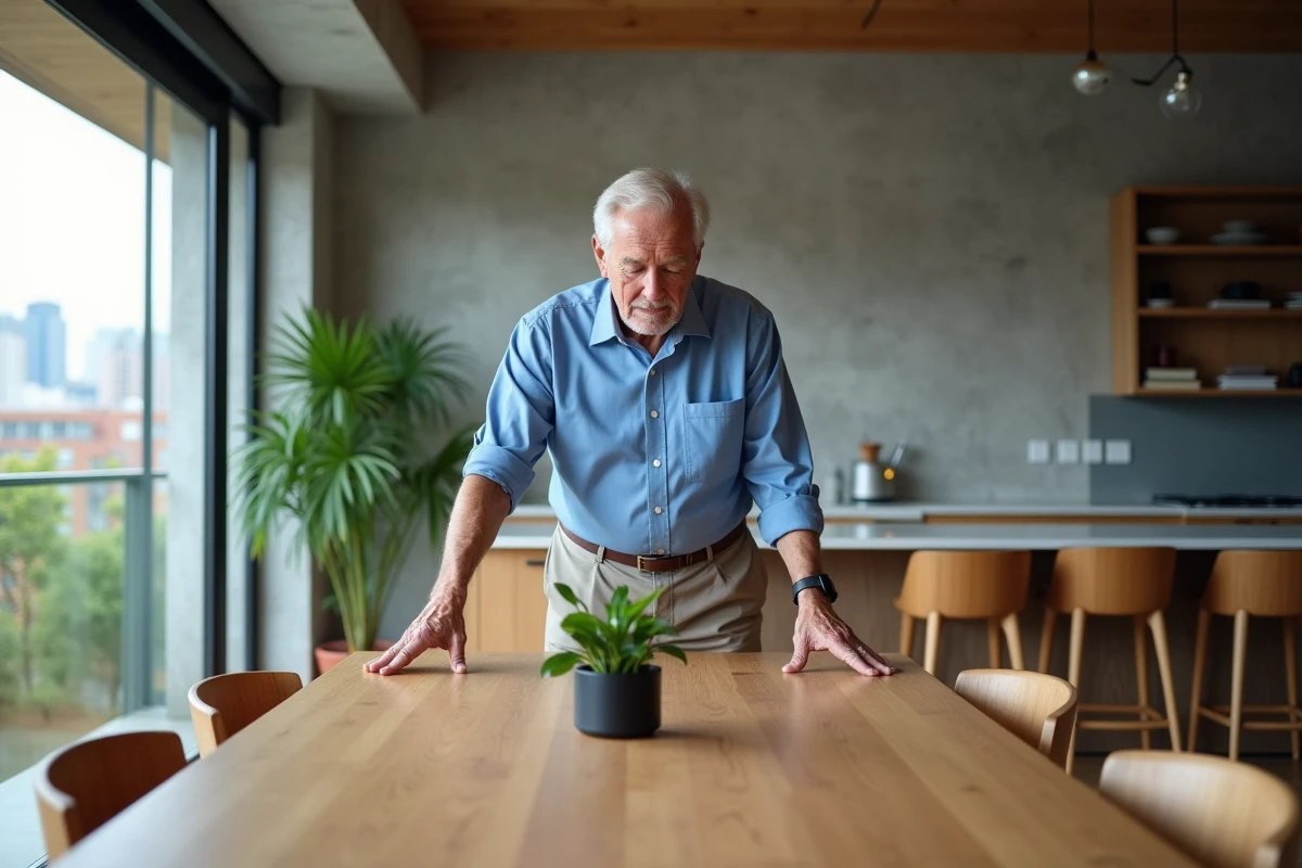 Homme posant une plante sur une table à manger moderne