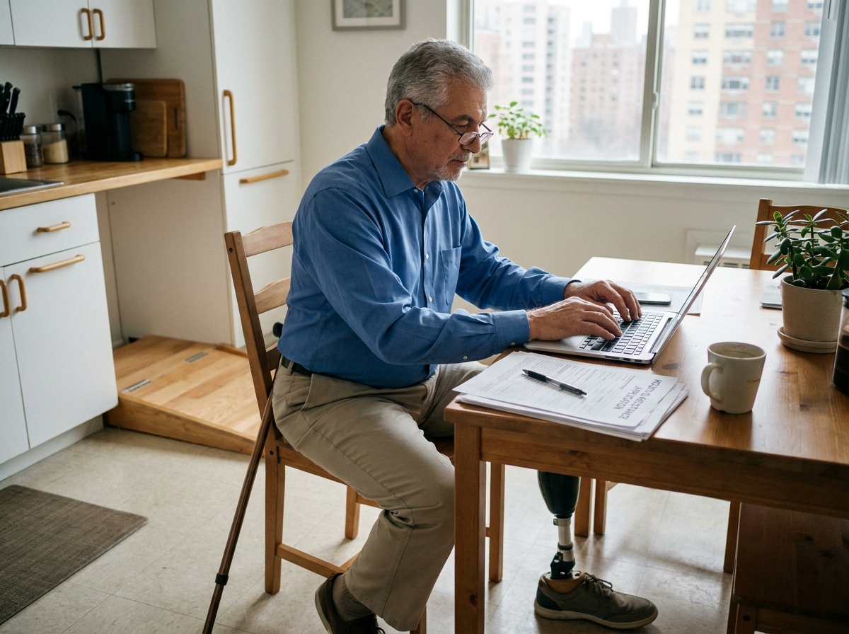 Homme âgé remplissant des formulaires de logement dans sa cuisine