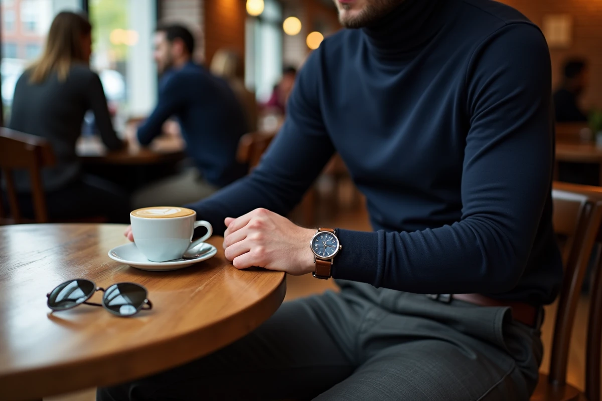 Homme élégant dans un café portant une montre en acier inoxydable et une ceinture en cuir raffinée