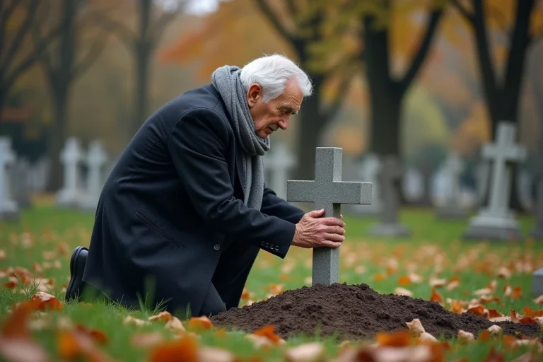 Homme âgé déposé une pierre tombale dans un cimetière automnal