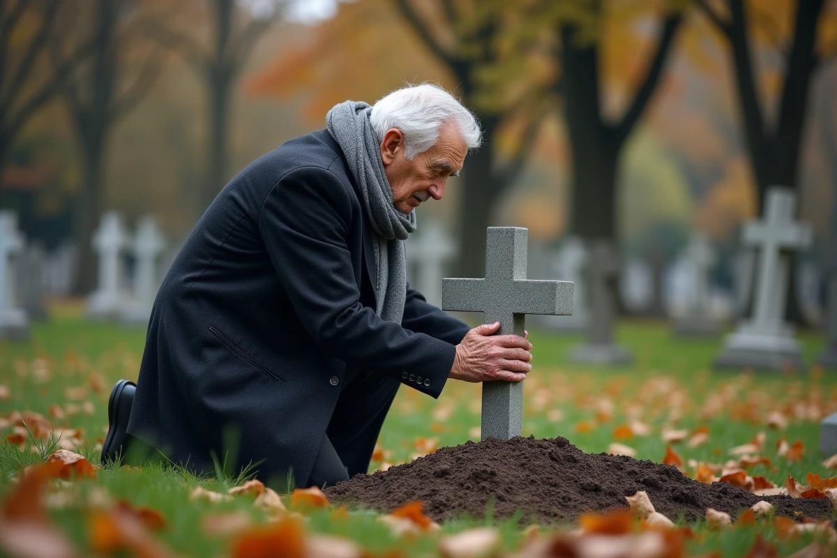 Homme âgé déposé une pierre tombale dans un cimetière automnal