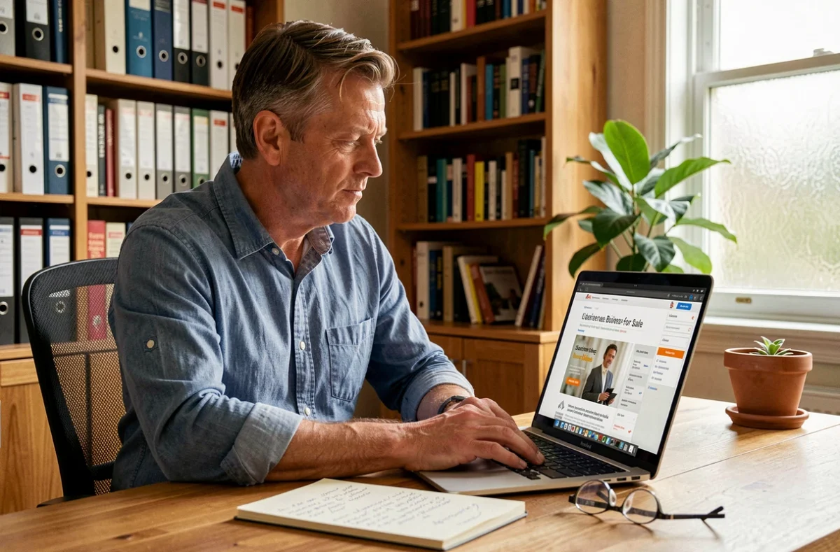 Homme d'affaires indépendant recherchant des opportunités d'achat d'entreprise en ligne depuis son bureau à domicile