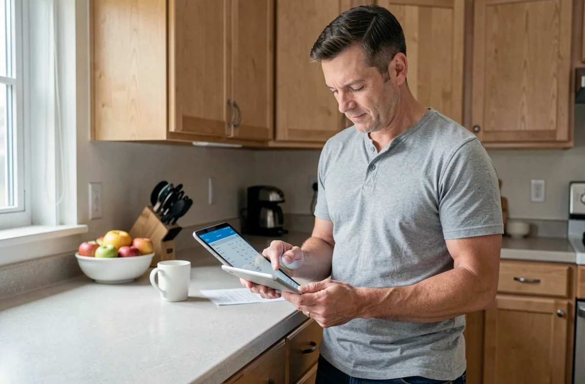 Homme consultant un relevé bancaire sur tablette dans sa cuisine le matin, choisissant une banque en ligne adaptée à ses finances