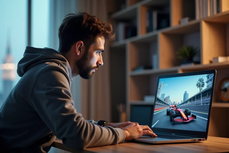 Homme regardant un Grand Prix de Formule 1 en streaming sur son ordinateur portable depuis l'étranger grâce à un VPN