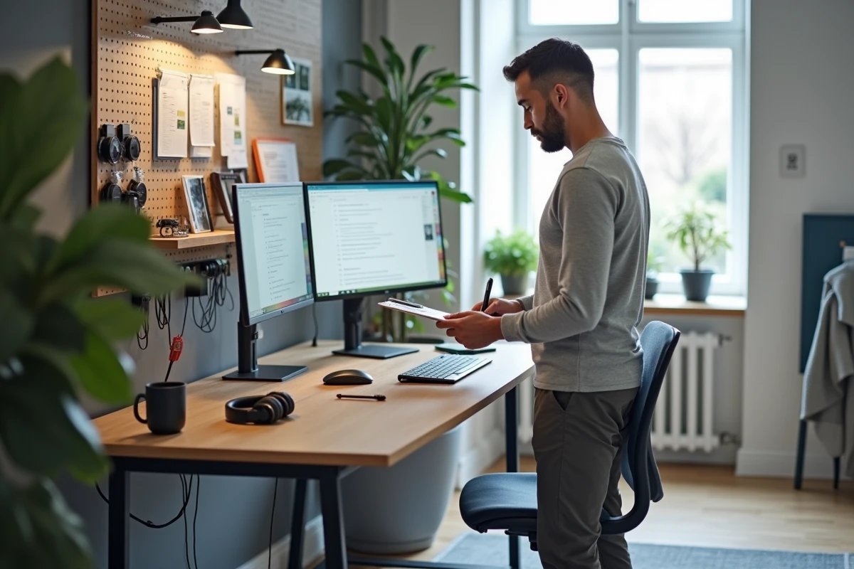 Homme en télétravail debout devant un bureau réglable avec double écran et tableau de organisation dans un home office moderne