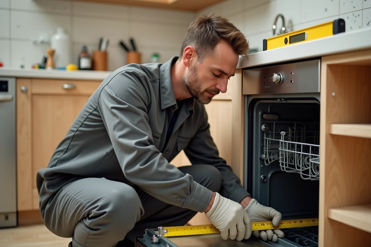Installateur mesurant l'espace entre un lave-vaisselle et un four encastré lors d'une installation en cuisine
