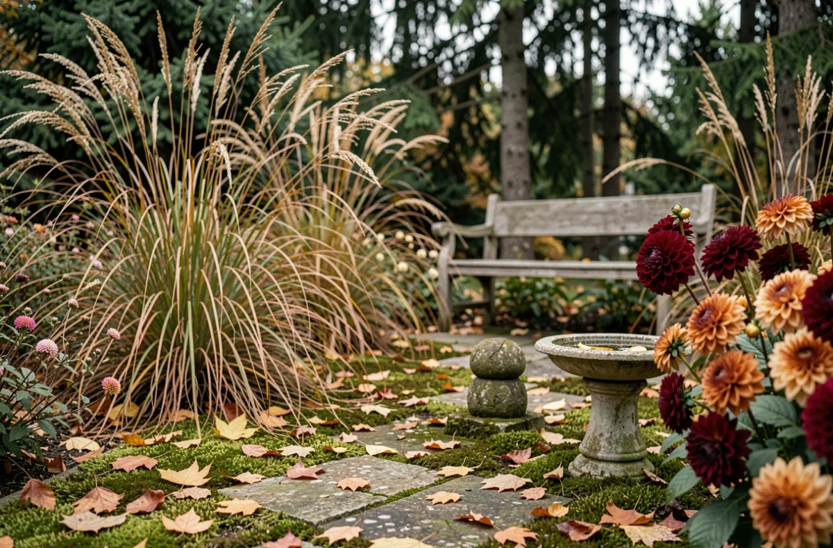 Coin de jardin en automne avec des dahlias bordeaux, des graminées ornementales et un bain d'oiseaux en pierre entouré de feuilles mortes