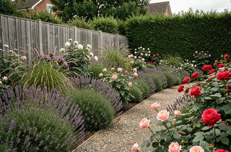 Jardin fleuri et harmonieux avec des massifs de lavande, rosiers et graminées ornementales le long d'un chemin de gravier