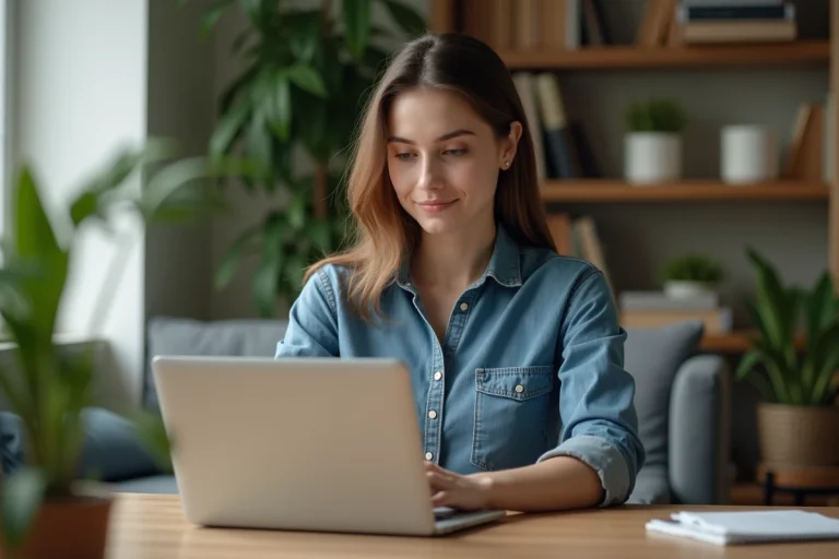 Jeune femme en denim au bureau à domicile