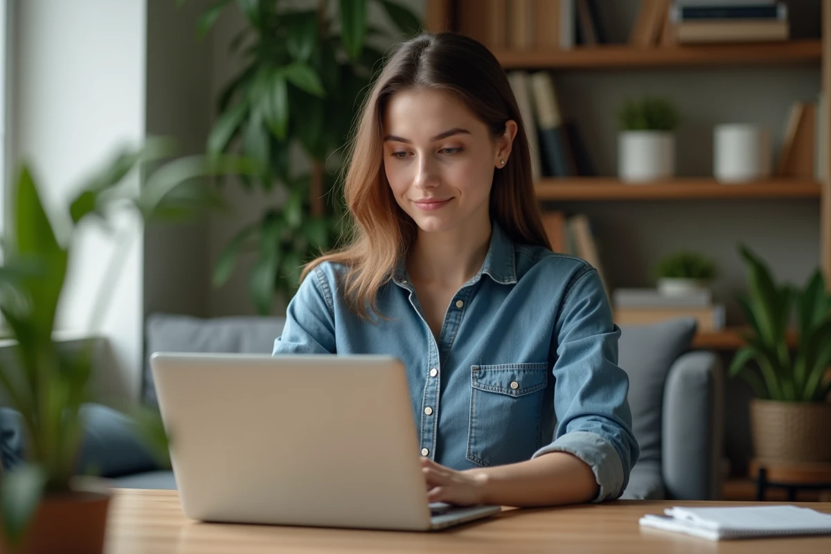 Jeune femme en denim au bureau à domicile