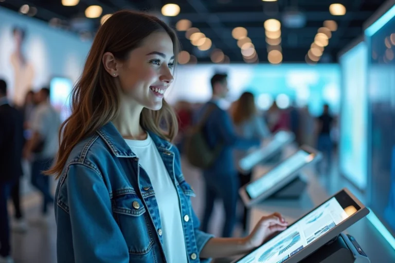 Jeune femme souriante explorant une exposition technologique