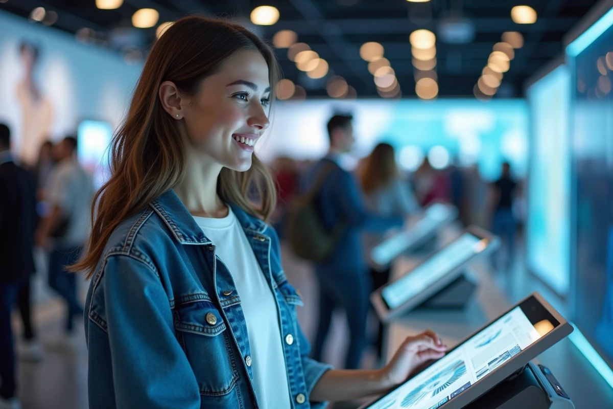 Jeune femme souriante explorant une exposition technologique