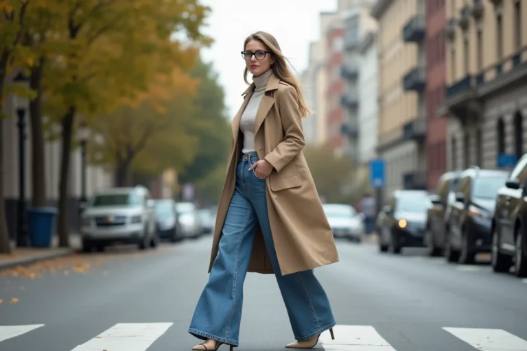 Jeune femme en trench beige et denim croise la rue