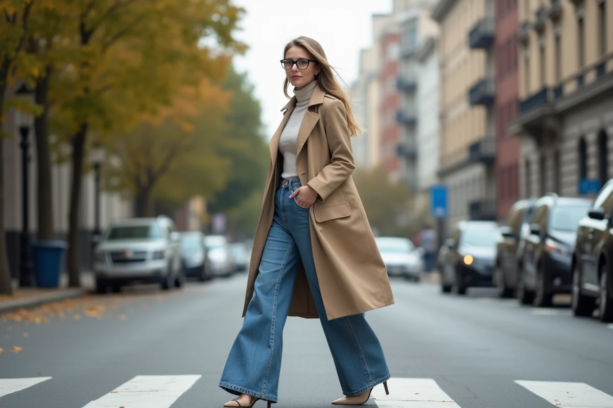 Jeune femme en trench beige et denim croise la rue