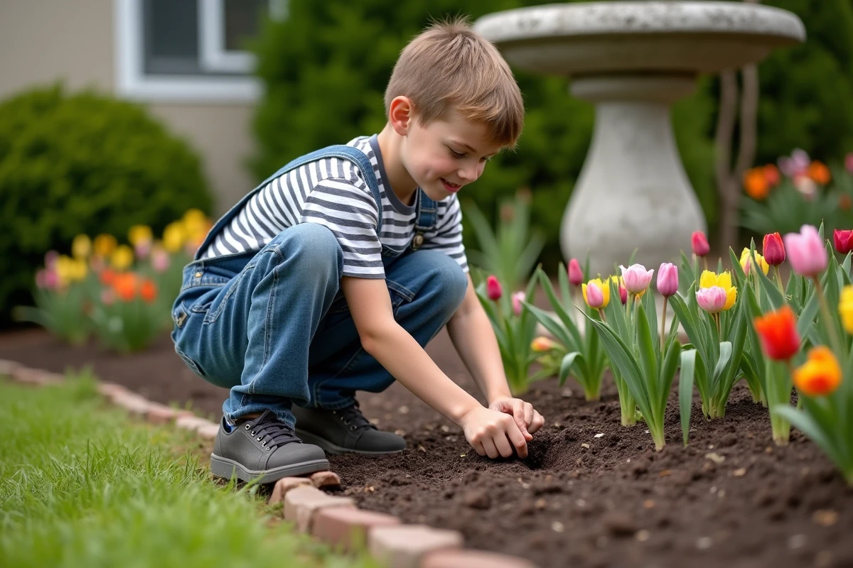 Adolescent plantant des bulbes dans un jardin bien organisé