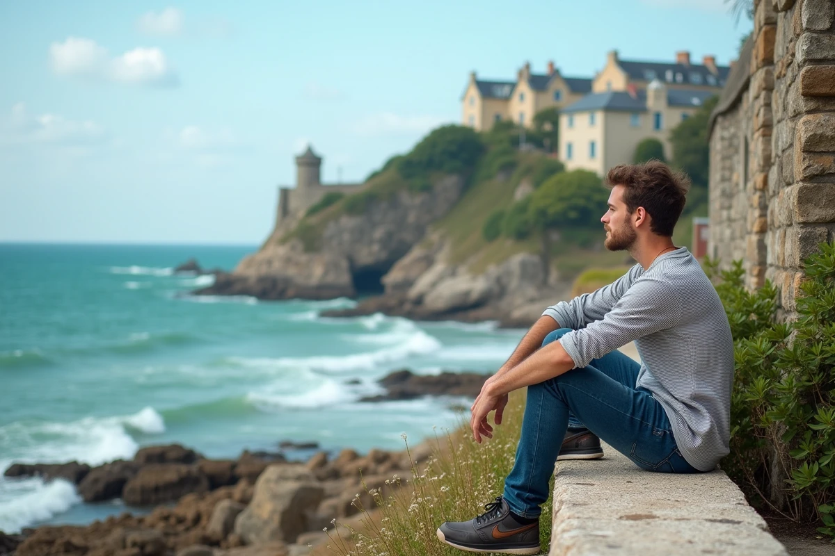 Jeune homme assis sur le mur de Dinard face à la mer