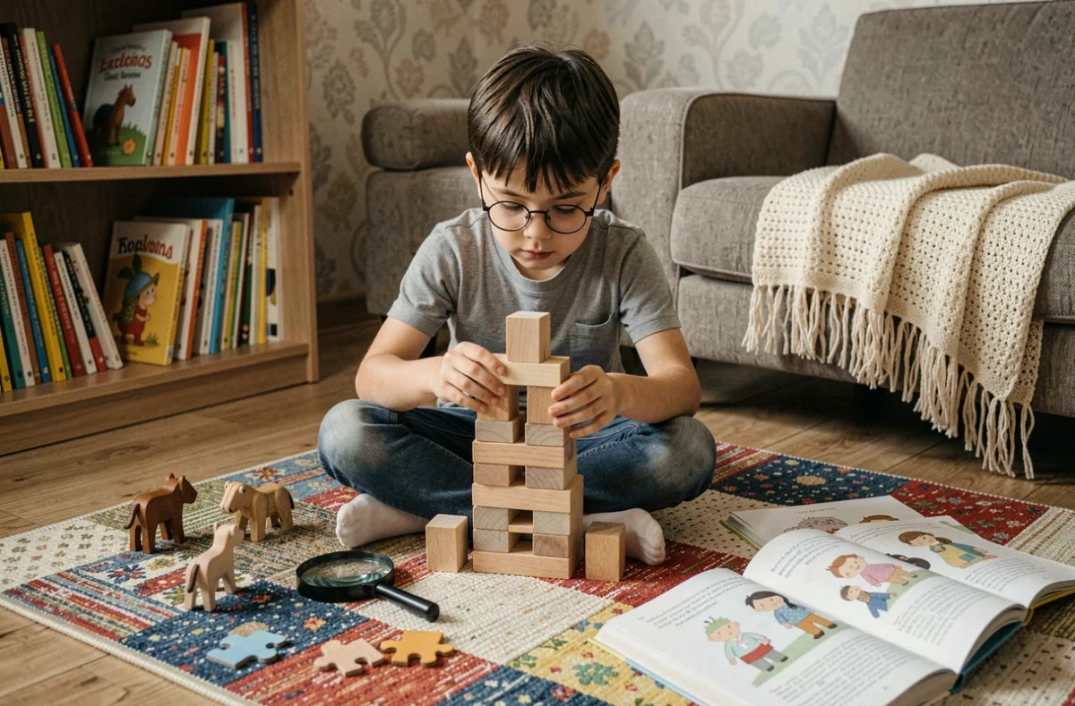 Garçon avec des lunettes construisant une tour en blocs de bois sur un tapis coloré, entouré de jouets éducatifs et de livres illustrés