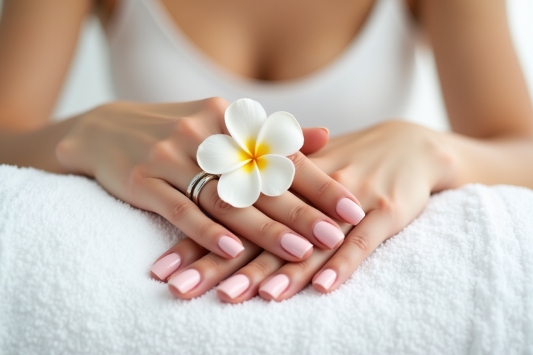 Mains féminines bien soignées avec ongles pastel sur serviette