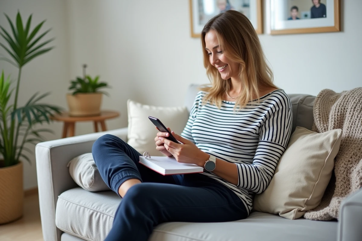 Maman gérant son organisation familiale avec un smartphone et un carnet sur le canapé du salon