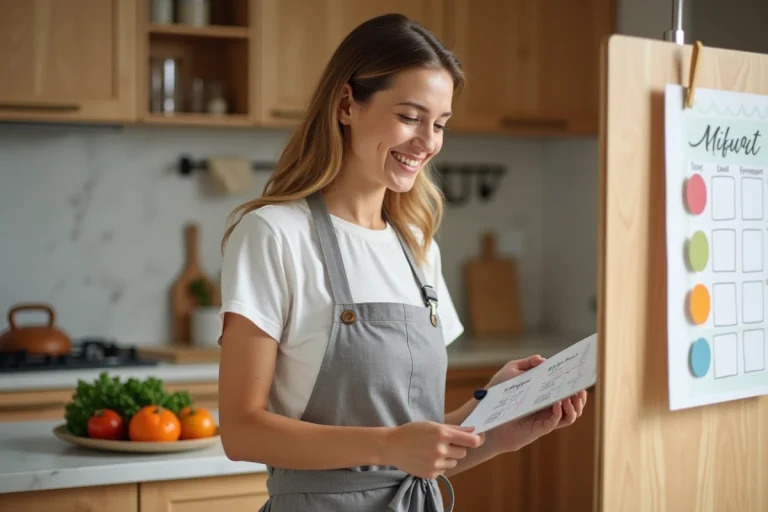 Maman souriante organisant un planning de repas hebdomadaire dans une cuisine familiale chaleureuse