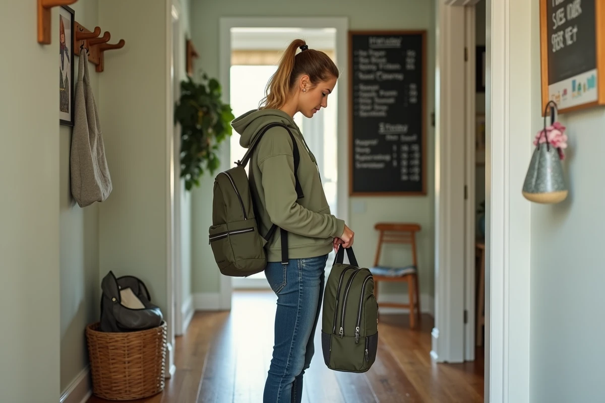 Maman préparant le sac à dos scolaire dans une entrée bien organisée avec un calendrier familial mural