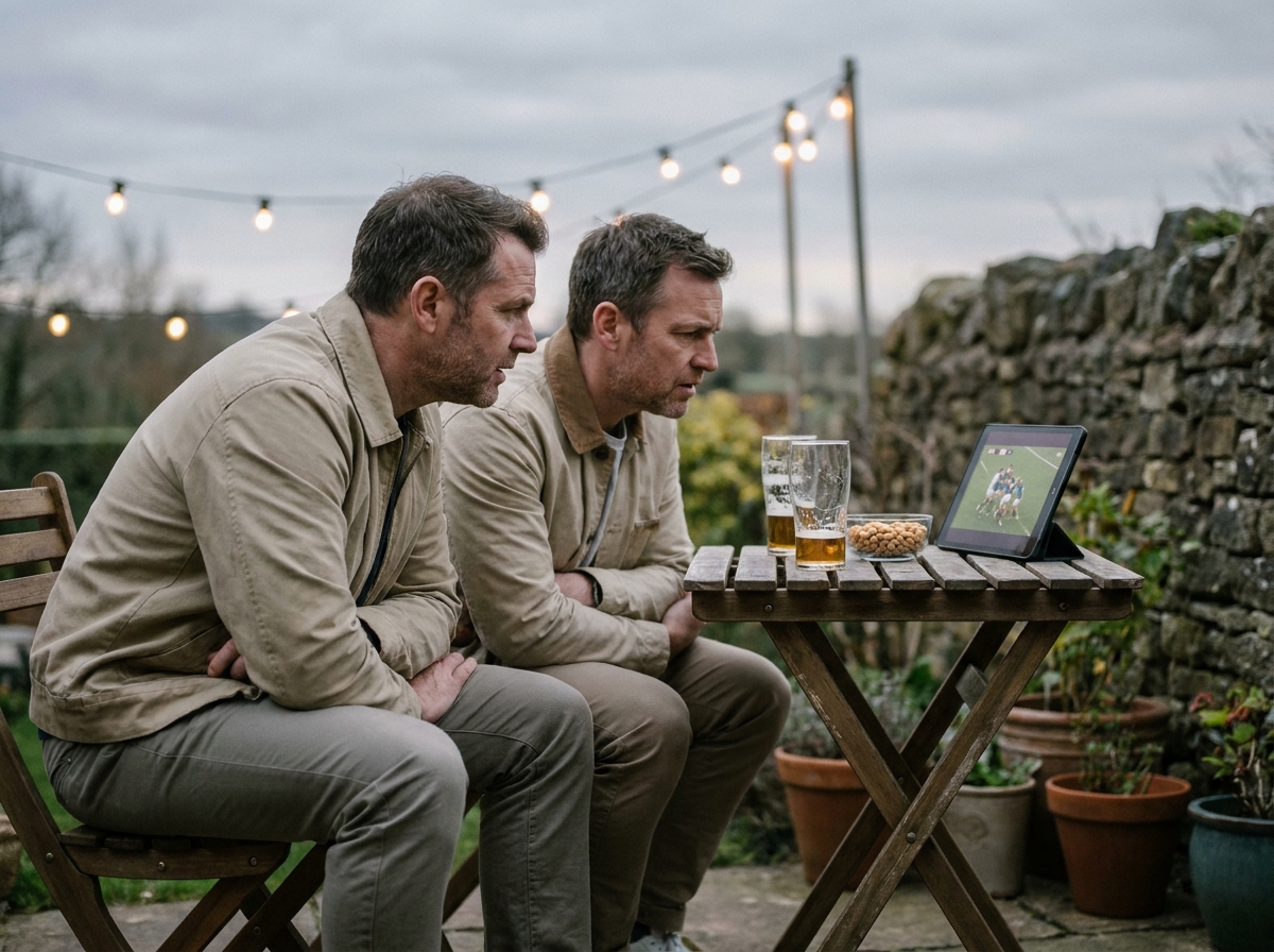 Deux amis regardant un match de rugby en streaming sur tablette lors d'un apéro en terrasse extérieure
