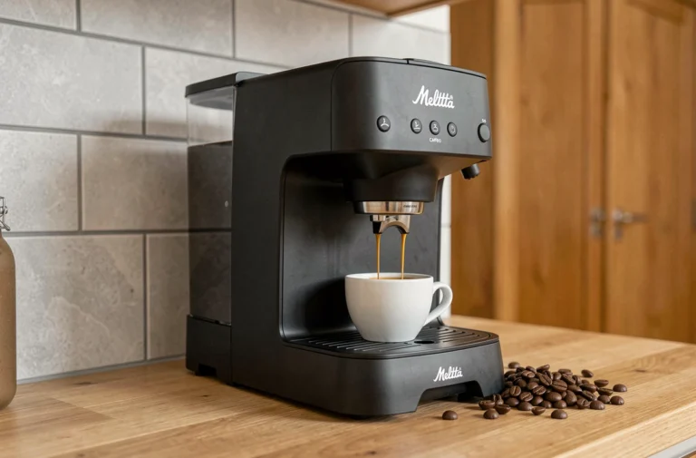 Machine à café Melitta Caffeo Solo E950-222 noire sur un comptoir de cuisine moderne avec une tasse d'espresso fraîchement préparée