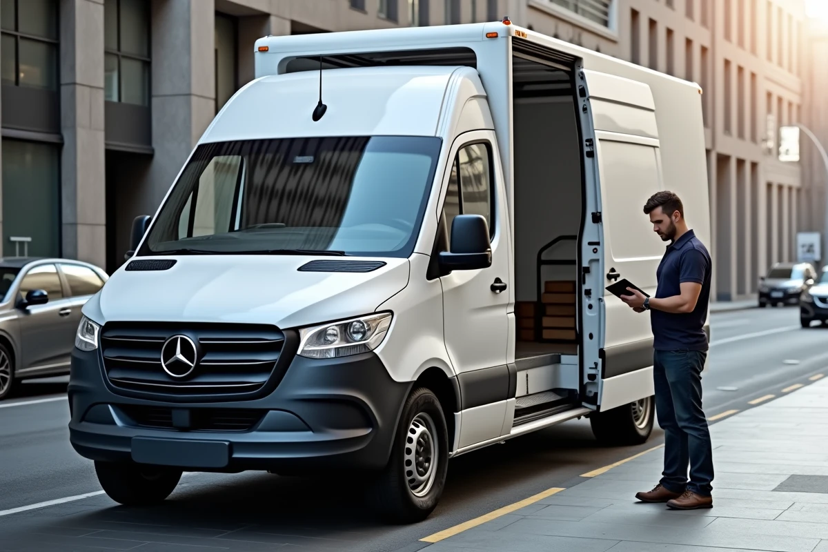 Mercedes Sprinter grand fourgon blanc avec portes arrière ouvertes, montrant l'imposant volume de chargement et son gabarit de référence