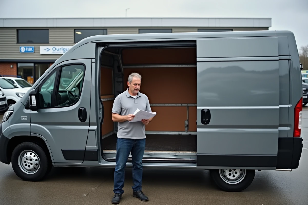 Peugeot Boxer grand fourgon gris garé devant un commerce, illustrant son positionnement prix compétitif dans le segment des utilitaires larges