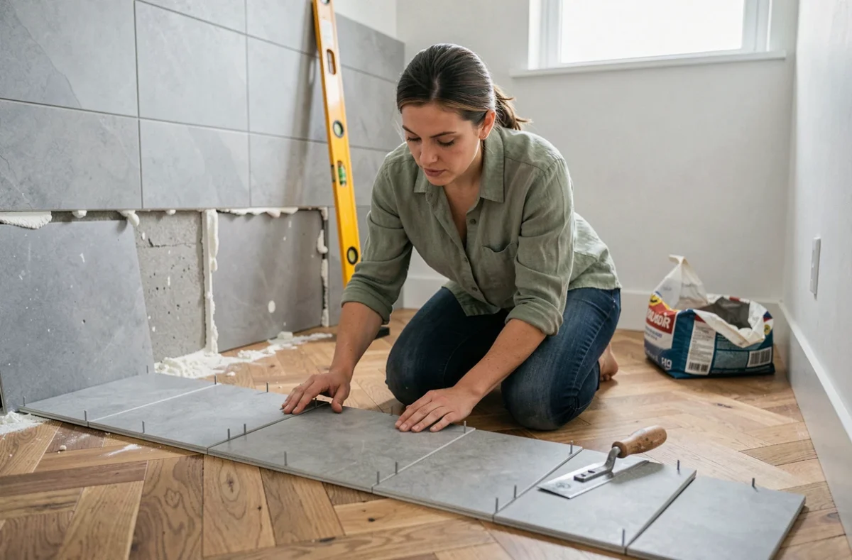 Femme posant des carreaux de céramique grise dans une salle de bain en cours de rénovation, avec outils de carrelage au sol