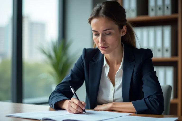 Professionnelle préparant son dossier de certification LVMH 2026 dans un bureau moderne