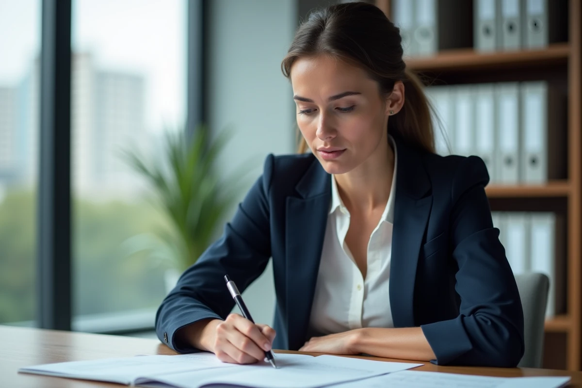 Professionnelle préparant son dossier de certification LVMH 2026 dans un bureau moderne