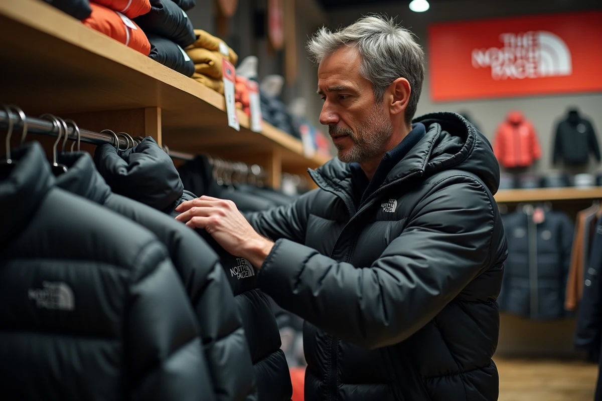 Homme examinant une doudoune The North Face dans un magasin de sport outdoor, comparant les prix et la qualité des vêtements techniques