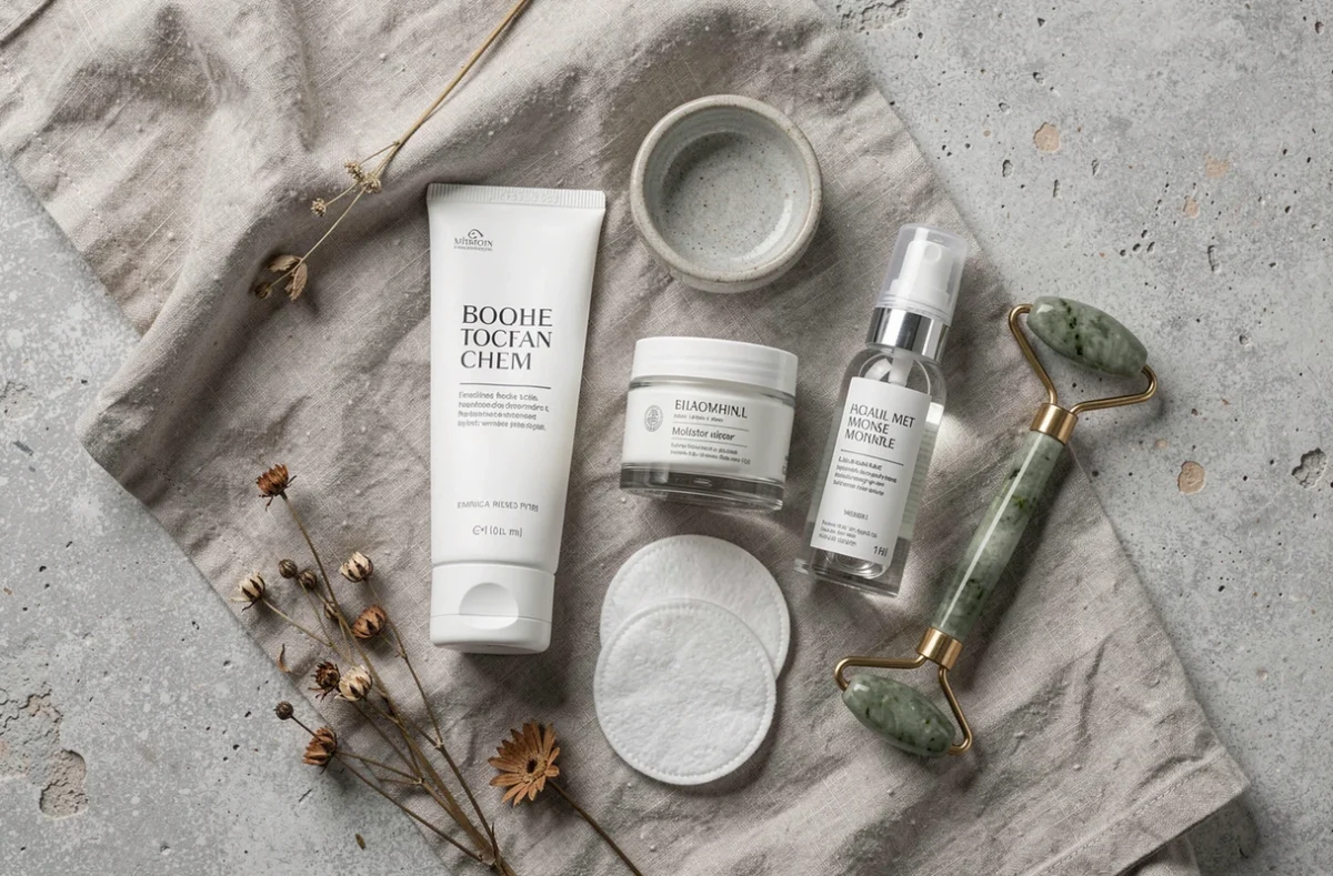 Flat lay de produits de soin de la peau essentiels posés sur un tissu en lin, routine beauté quotidienne simple et naturelle