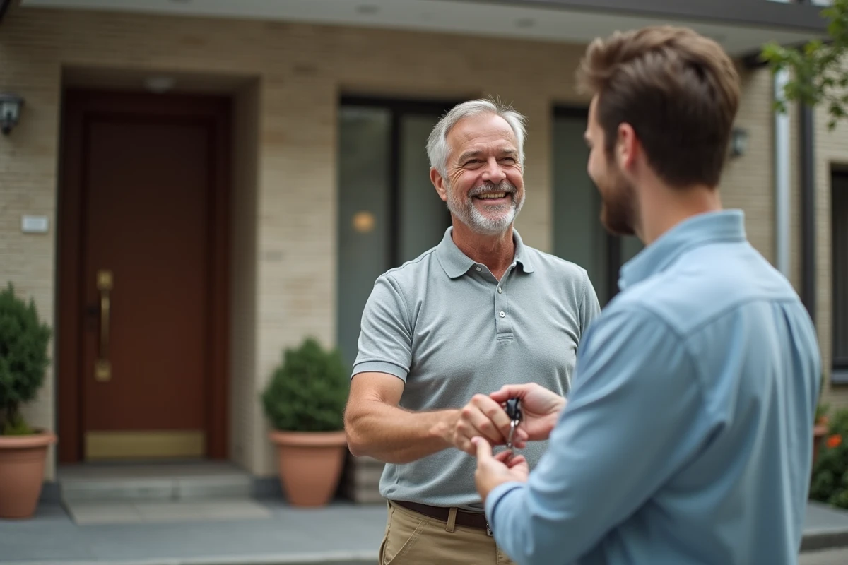 Propriétaire remettant les clés d'un appartement à son nouveau locataire devant l'entrée d'un immeuble