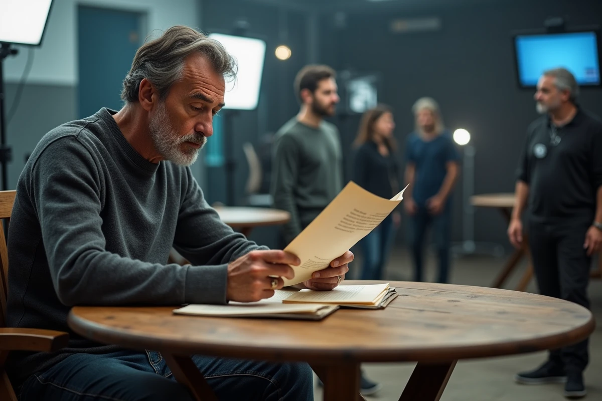 Acteur et réalisateur français concentré sur un scénario en coulisses d'un tournage de film, ambiance documentaire authentique