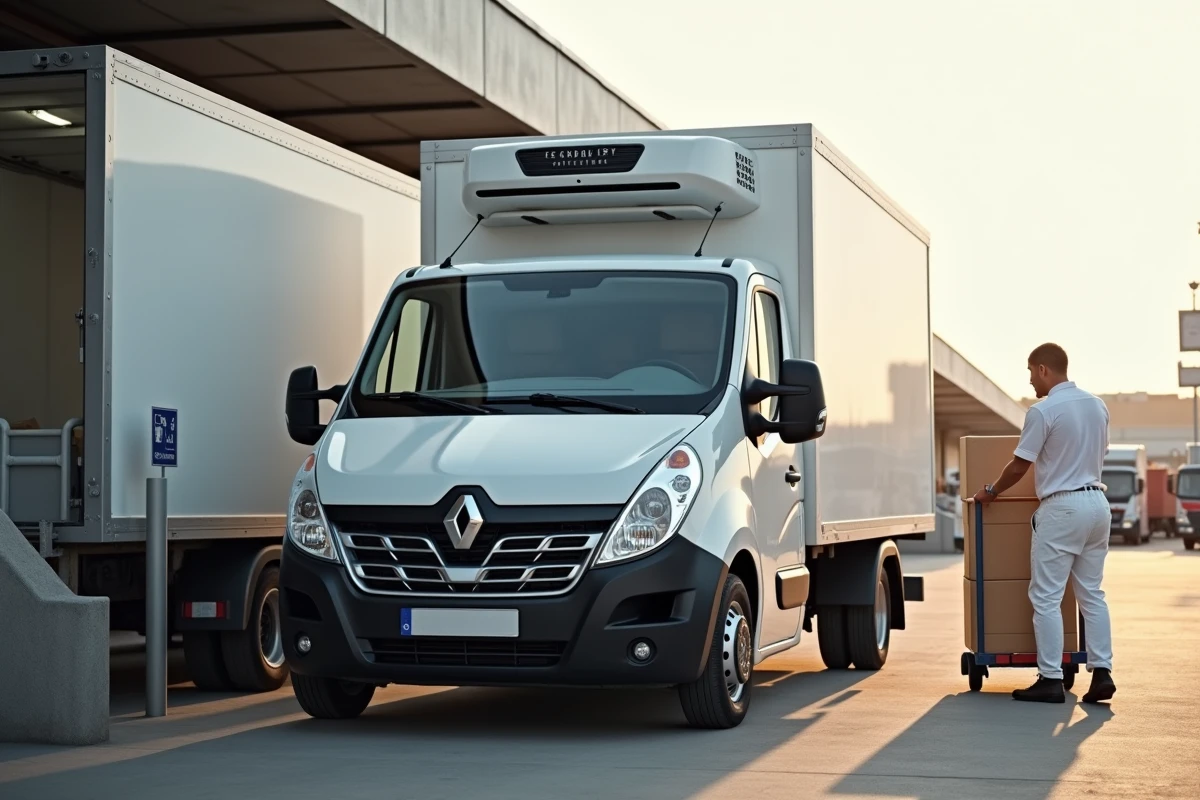 Renault Master frigorifique avec portes arrière ouvertes dans une zone de chargement professionnelle, soulignant le volume utile adapté aux professionnels