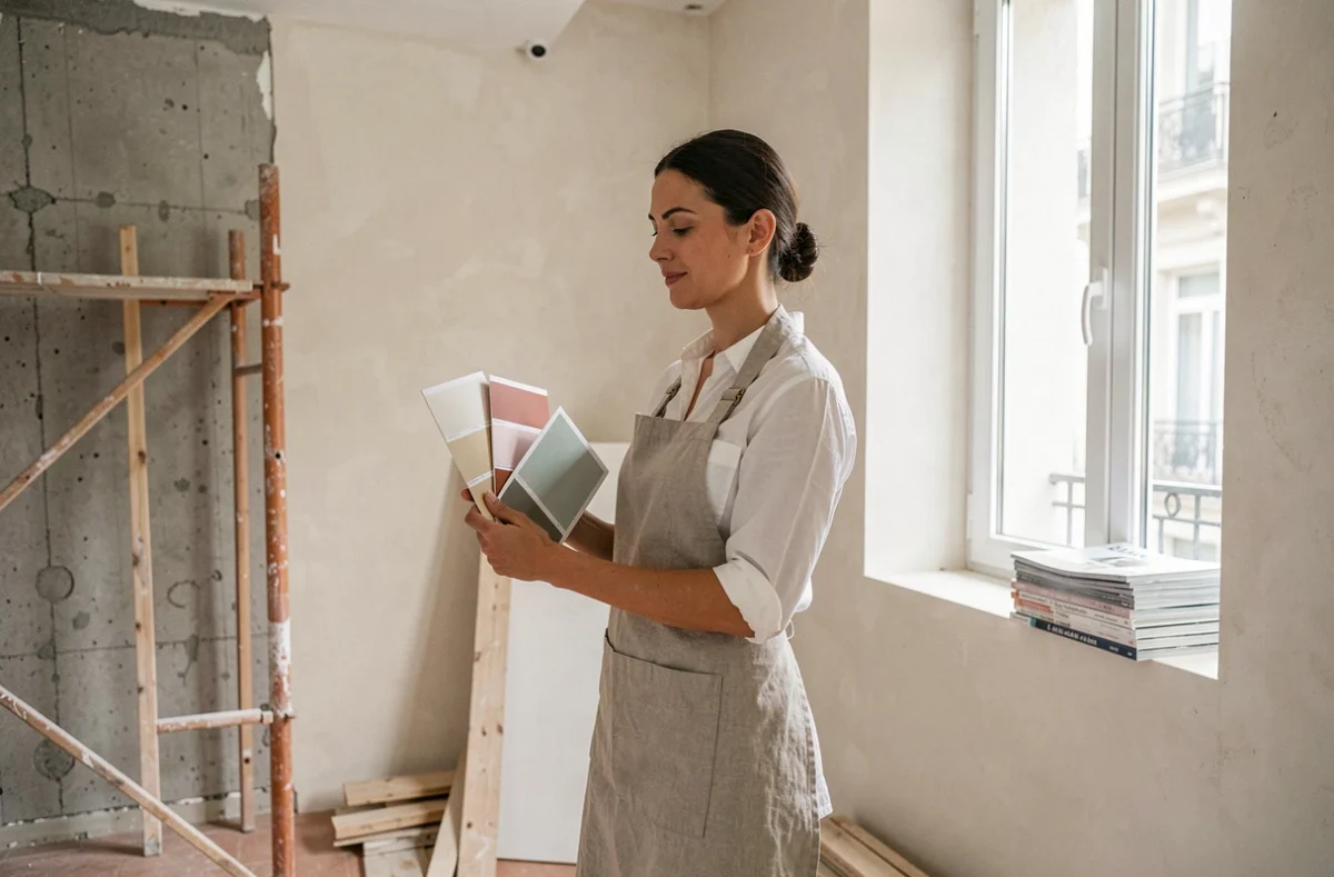 Femme tenant des échantillons de peinture contre un mur en cours de rénovation dans un appartement parisien moderne