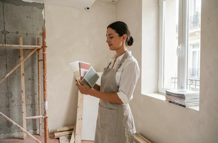Femme tenant des échantillons de peinture contre un mur en cours de rénovation dans un appartement parisien moderne