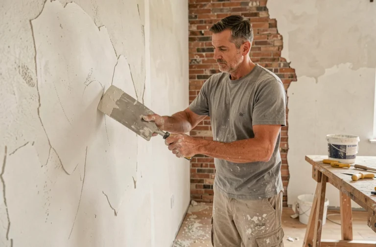 Homme appliquant de l'enduit sur un mur en cours de rénovation dans un salon, outils de plâtrier visibles au premier plan