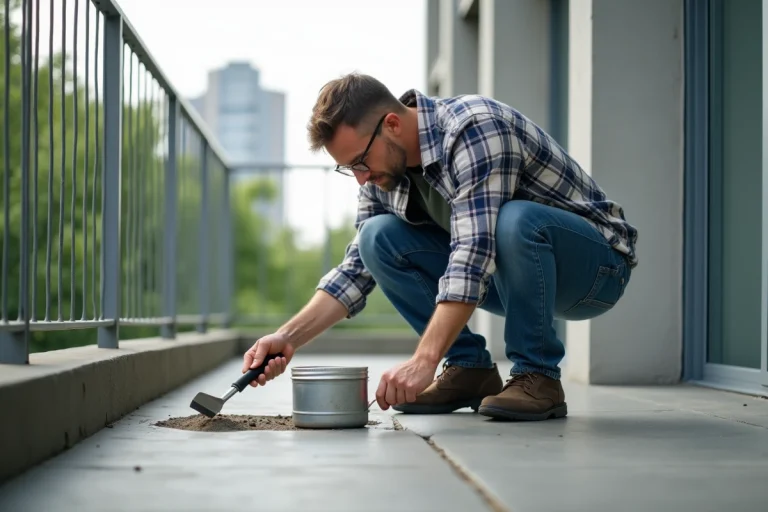 Homme d'âge moyen inspectant un balcon urbain en réparation