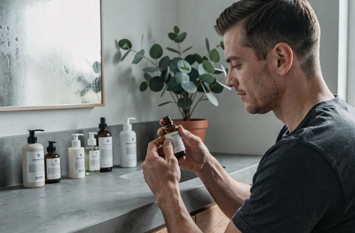 Homme examinant un sérum de soin pour la peau dans une salle de bain moderne, routine beauté masculine sans effort