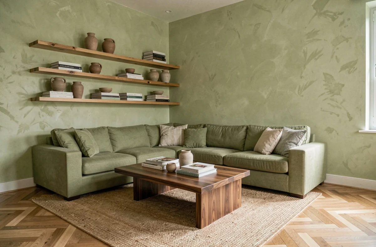 Salon décoré avec des matériaux naturels, canapé en lin vert sauge et étagères en chêne brut lors d'une rénovation intérieure