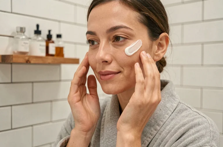 Femme appliquant une crème hydratante sur son visage dans une salle de bain épurée, routine de soin de peau quotidienne