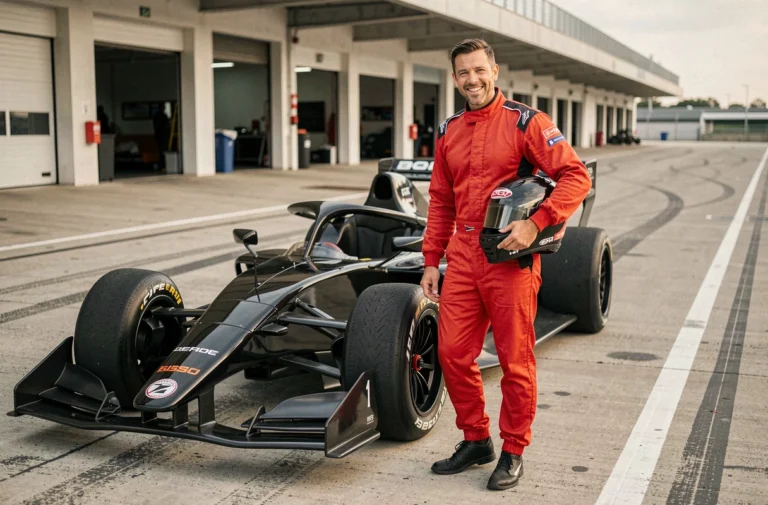 Homme en combinaison de pilotage rouge tenant son casque à côté d'une voiture de course noire sur le paddock d'un circuit automobile